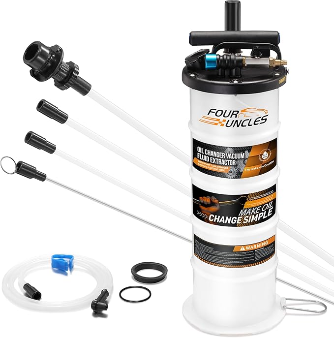 FOUR UNCLES Oil Extractor - Vacumm Fluid Extractor with Pump Tank Remover & Tubes for Oil Change and a Hose for Brake Bleeding