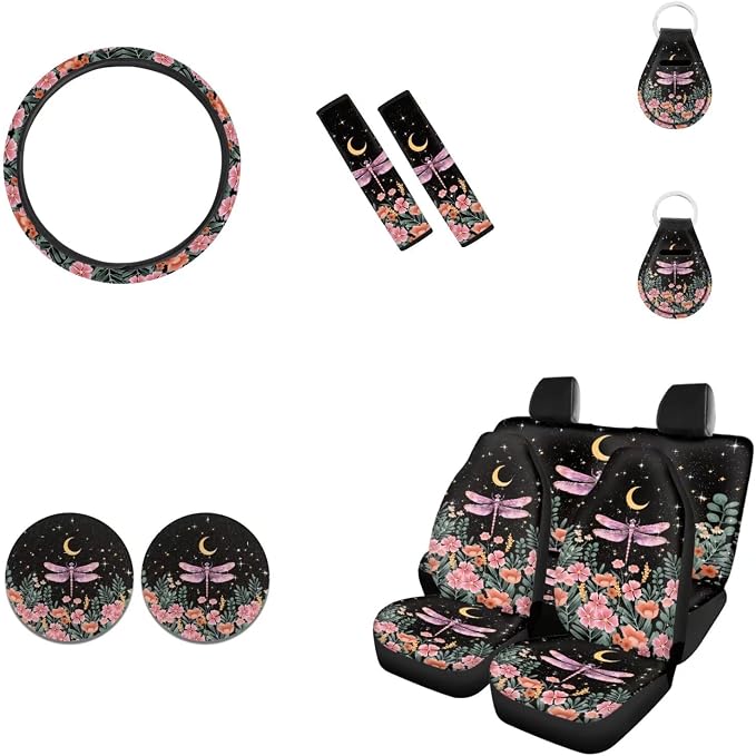 JEOCODY Dragonfly Car Seat Cover Protector Front & Rear Seat Cover Full Set 11-pcs with Steering Wheel Cover + Seatbelt Strap Cover+ Auto Cup Coasters+ Key Chains Universal Fit