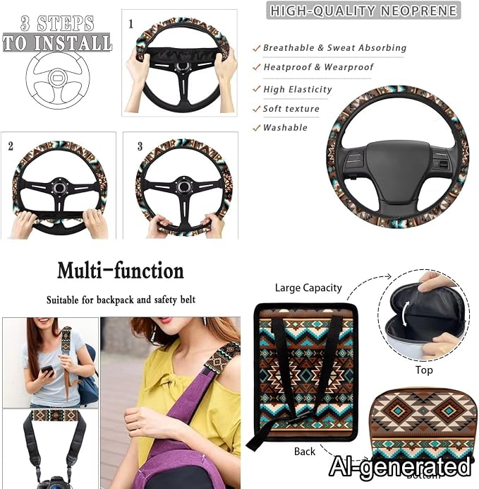 Dreaweet Navajo Seat Covers Full Set Native American Tribal Geometric Pattern Car Seat Cover Steering Wheel Cover Seat Belt Pads Trash Bag Vent Storage Bag Rearview Mirror Cover Coasters Keychain 15pc