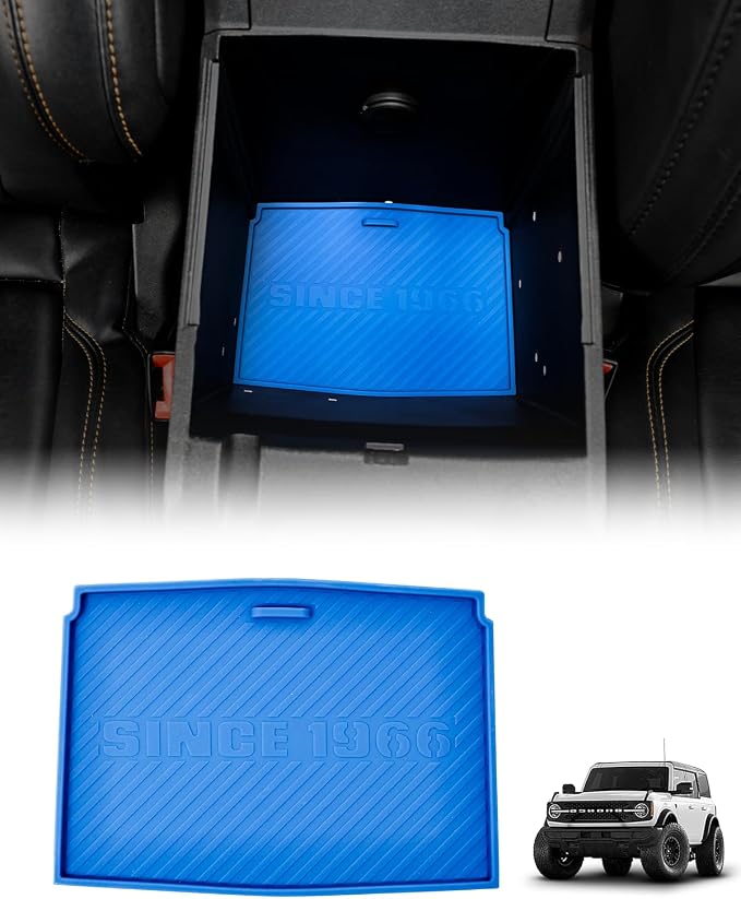 ROADER Bronco Armrest Box Bottom Anti-Slip Mat Fit for 2021-2024 Ford Bronco 2/4 Door Interior Accessories, Arm Rest Box Silicone Protective Pad, Waterproof Safe Environmentally Friendly-Blue