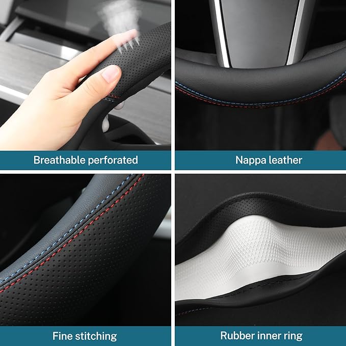 Leather Steering Wheel Cover Custom-Fit for Tesla Model 3/Y 2016-2026, Comfort Grip Design Breathable and Non-Slip, Model 3/Y Car Steering Wheel Protector, Tesla Accessories,Black(C-Style, for Tesla)