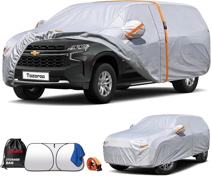 Car Cover Waterproof All-Weather,Heavy-Duty Outdoor Full Exterior Automobiles SUV(Length 202-230 inch) with Windshield Sun Shade Universal Fit Chevrolet Chevy Suburban, GMC Yukon XL etc