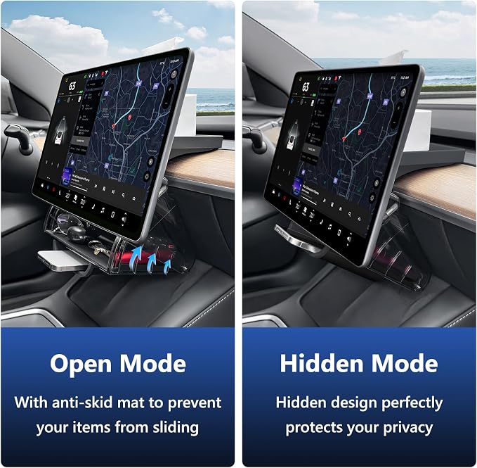 Hideable Under Screen Storage Organizer Compatible with Tesla Model Y 2024-2020(Not Juniper)/Model 3 2023-2017 Accessories Black (Not Model Y Juniper 2025-2026/Model 3 Highland 2024-2025)