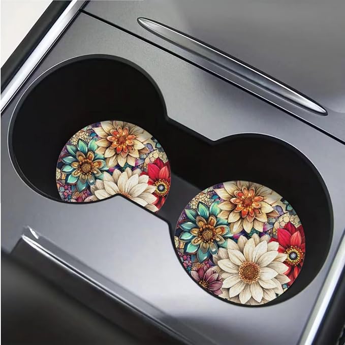 BIGCARJOB Bright Blossom Lotus Car Seat Covers Set for Front and Rear 12 Pcs Boho Lotus Print Car Interior Accessories Full Set with Console Cover,Steering Wheel Covers,Seat Belt Pads