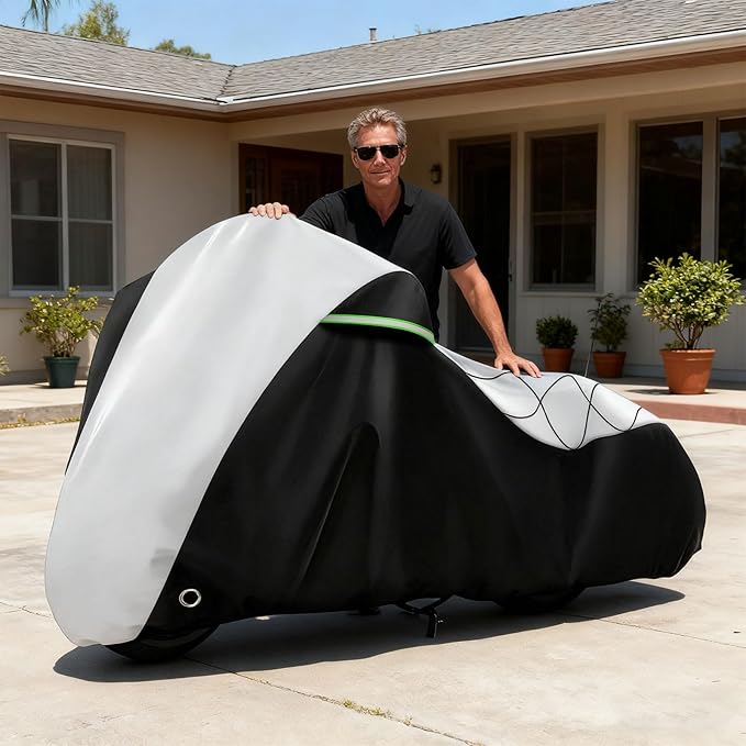 COVERVIN Motorcycle Cover for Harley Davidson Touring Road King Road Glide Electra Glide Street Glide Low Rider-ST Heritage Classic HD Goldwing, All Weather Waterproof Cruiser Cover, Black&Silver