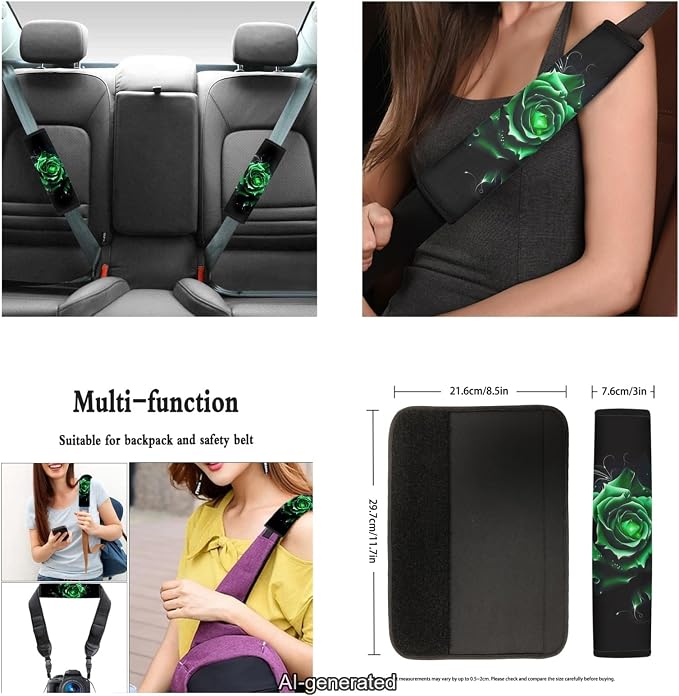 Ystardream Green Rose Car Seat Covers Full Set Washable for Car for Women Accessories with Steering Wheel Cover+Seat Belt Cover/Coasters+ Keychain,Universal Full Set 11-pcs