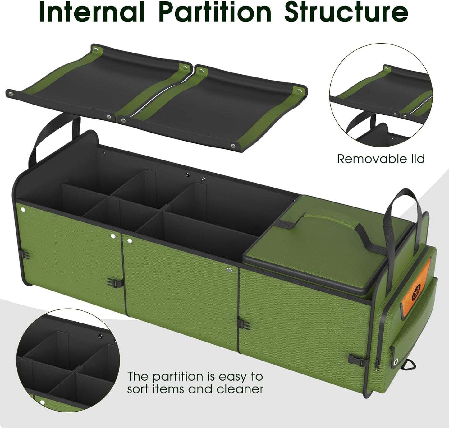 Trunk Organizer, Heavy-Duty Storage for Car & SUV, Foldable Waterproof Car Organizer with Cooler, Collapsible Multi-Compartment Storage, 95L, Green-M003
