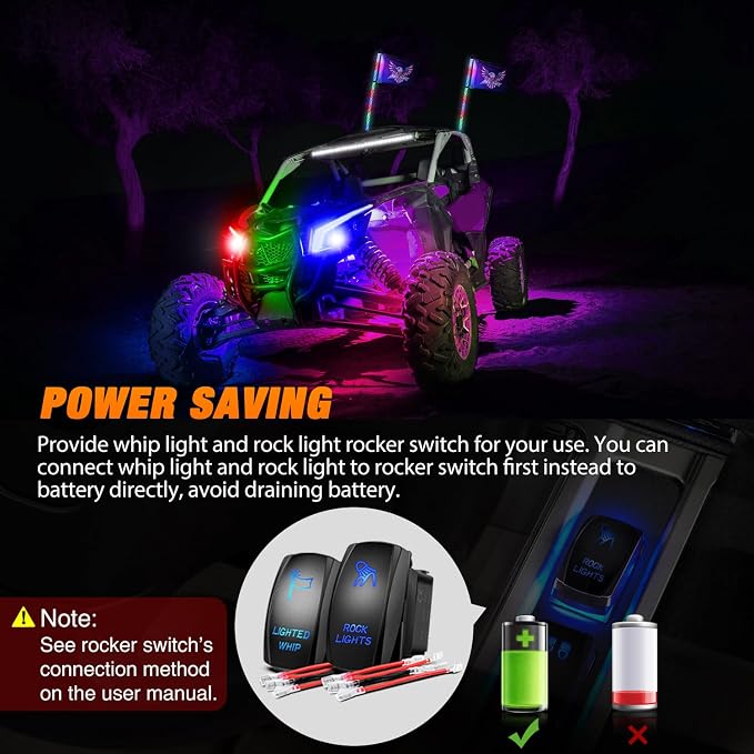 Nilight 2PCS 4FT RGB LED Whip Light and 8 PCS Rock Lights Combo, Remote & App Control w/DIY Chasing Patterns Stop Turn Reverse Safety Antenna Lighted Whips for ATV UTV