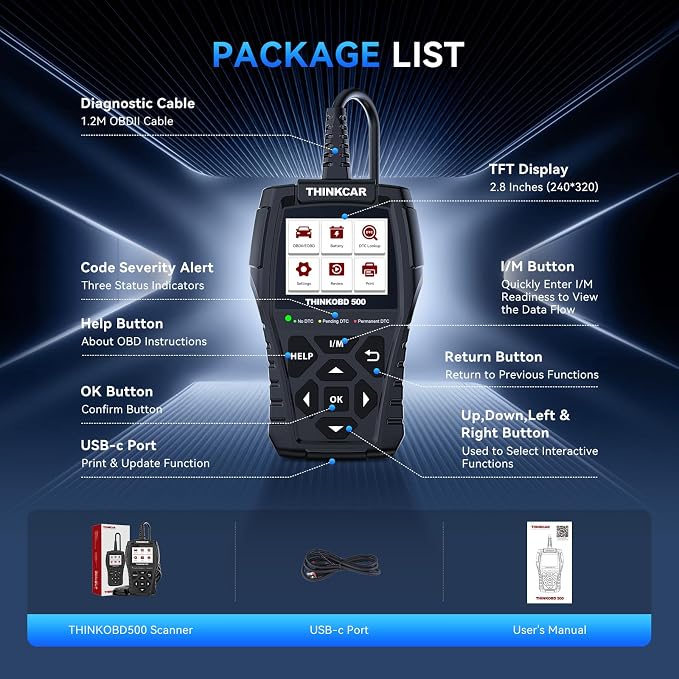 THINKCAR Thinkobd 500 OBD2 Scanner Check Engine Car Code Reader, Full OBD II CAN Diagnostic Scan Tool, Read and Clear Error Codes, Live Data, Vehicle Report, 2.8 Inches Dispaly