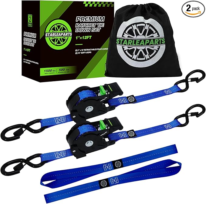 STARLEAPARTS Retractable Ratchet Straps(2PK 1.0INX12FT) - 1,500lb Break Strength, Ratchet Strap Heavy Duty with Rubber Coated Handle, Perfect Auto Ratchet Straps for Motorcycle, Kayak and Trucks