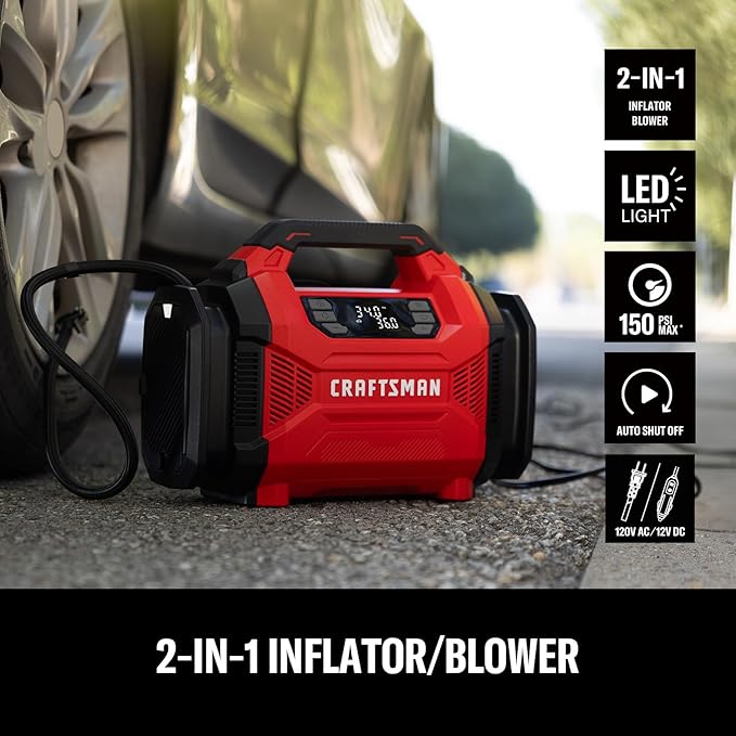 CRAFTSMAN Dual Power Tire Inflator with Digital Gauge & Auto Shut-Off | 12V DC Car Plug and 120V AC Home Use with Up to 150 PSI, LED Light, Portable Air Pump for Car Tires, Bikes and Inflatables