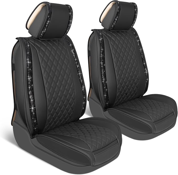 BlingStitch™ Car Seat Covers for Front Seats - Luxurious Black Vegan Leather Seat Covers for Cars with Black Bling Crystals, Premium Automotive Seat Covers for SUV, Trucks, Car Bling Luxury