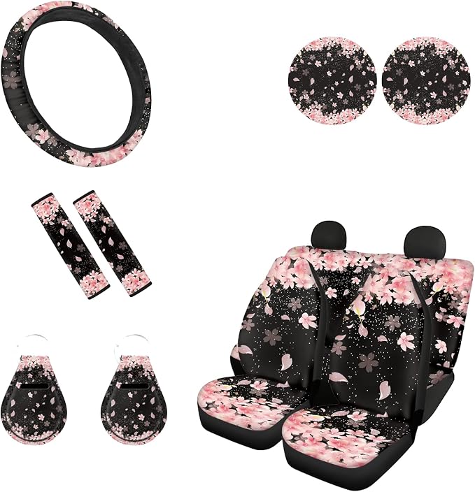 JEOCODY Pink Cherry Blossom Car Seat Covers and Steering Wheel Cover Full Set for Women Gilry Universal Front and Rear Bench Back Seat Cover with Seat Belt Strap Cover/Cup Coasters/Auto Keychains