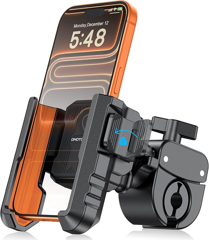 OMOTON BK01 Anti-Vibration Phone Mount, Quick Lock Shockproof Bike & Motorcycle Phone Holder, Fits iPhone & Android for Riders on E-Bike, Stroller, Scooter, Fits Handlebars & Rearview Mirror, Orange