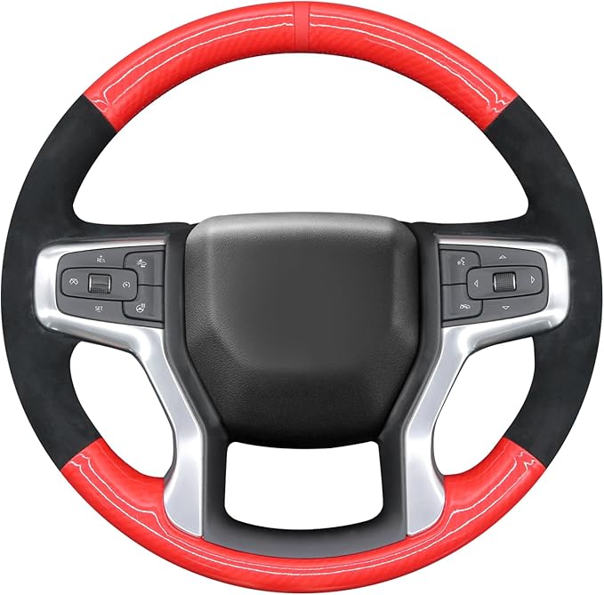 MEWANT DIY Red Shiny PU Carbon Fiber Black Athsuede Steering Wheel Cover Chevy Silverado Blazer 1500 Silverado 2500