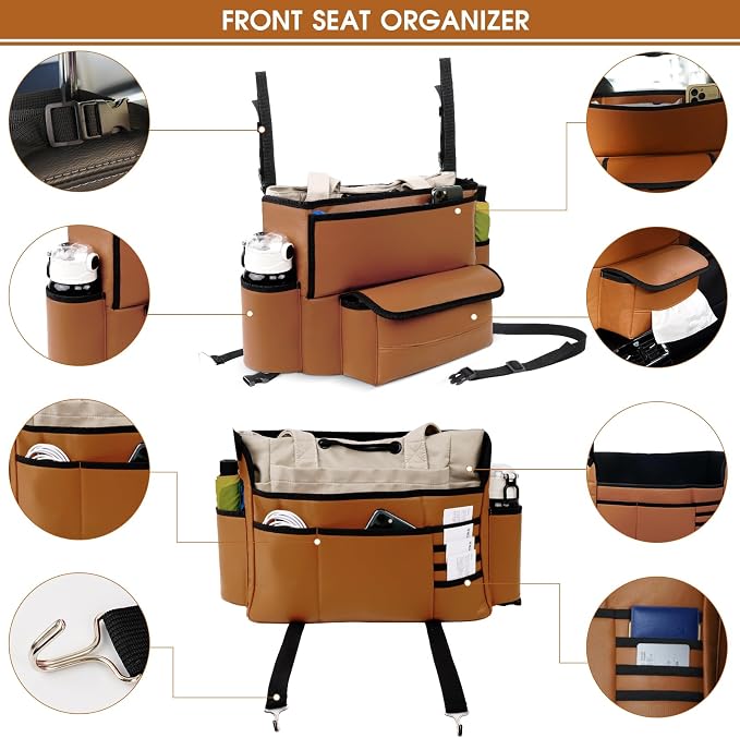 E EASTSTORM Car Purse Holder Between Seats, Car Seat Purse Handbag Holder, Automotive Consoles Organizers Storage Barrier Car Interior Accessories, Leather Large Capacity (Brown)