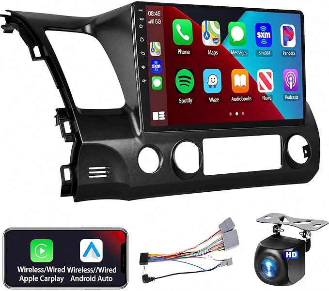 Podofo Radio for Honda Civic 2006 2007 2008 2009 2010 2011 Car Stereo with Wireless CarPlay Android Auto 10.1 Inch 1080P Touchscreen 5G WiFi DSP EQ GPS Bluetooth RDS FM Camera 4Core 64G