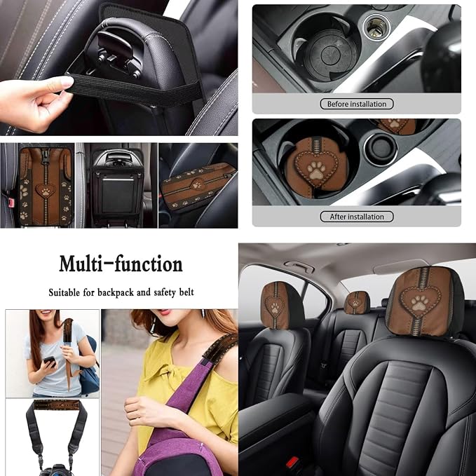 Paw Print Auto Seat Cover Full Set with Steering Wheel Covers, 15 Pcs Car Front Rear Seat Covers Comfy Armrest Pad Coaster Universal Fit for Cars SUVs Trucks, Brown