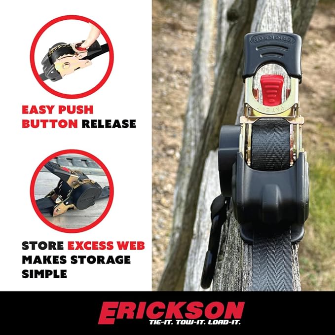 Erickson Pro Series 1in x 6ft Black Retractable Ratcheting Tie-Down Straps, 1500 lb Load Capacity, Pack of 2