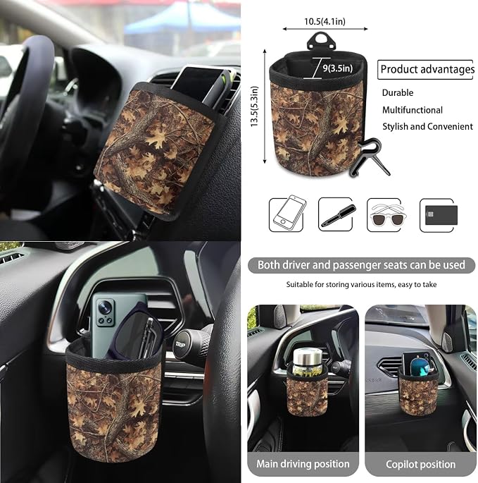 Hunting Camo Print Car 15pcs Accessories, Full Set Seat Covers for Cars Steering Wheel Cover Seat Belt Pads Trash Can Air Vent Pocket Mirror Cushion Coasters Universal Fit