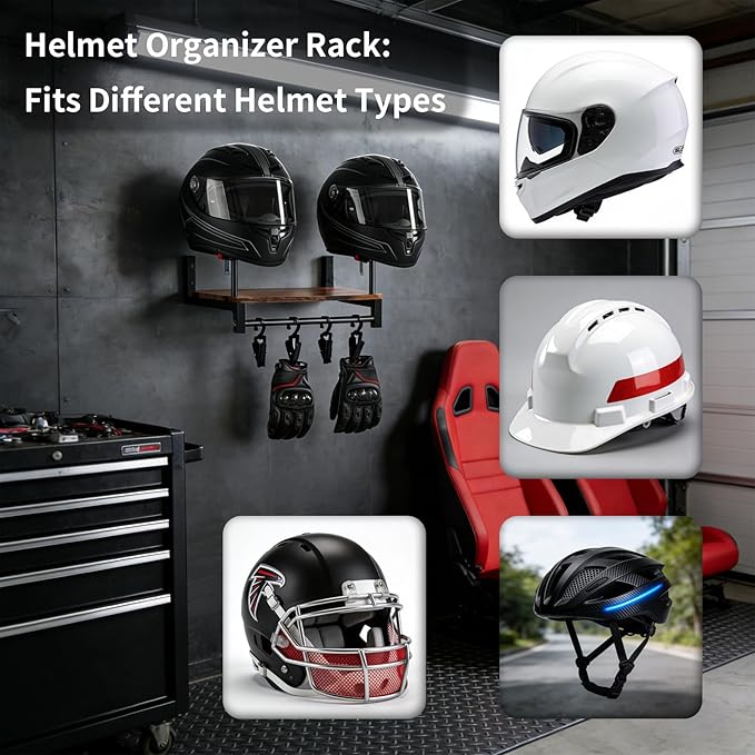 Helmet Rack Wall Mount, Motorcycle Helmets Holder with Wall Storage Hook, Wooden Motorcycle Helmet Display Stand, Retro Bike Helmets Storage Organizer, Motorcycle Accessories for Men