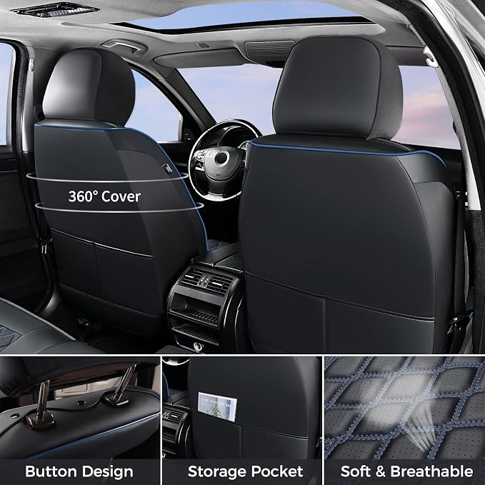 Huidasource Wrangler JK Seat Cover 4 Door, Leather Custom Car Seat Covers, Front&Rear Seat Cushion Protector Fit for Jeep Wrangler JK 4-Door Sahara Sport Rubicon 2007-2017(Full Set/Black&Blue)