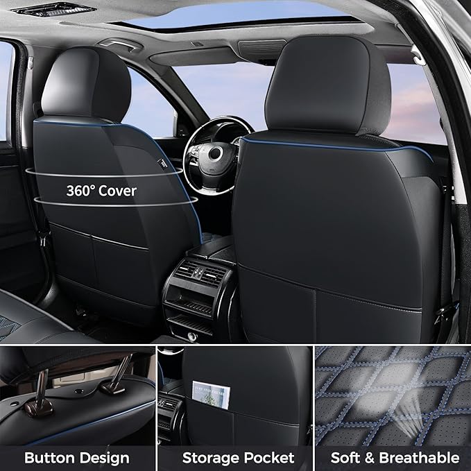 Huidasource Front Seat Covers for Jeep Wrangler JL 2-Door/4-Door 2018-2026, Waterproof Faux Leather Wrangler JL Front Seat Covers, Covers Fit Full Coverage Front Seat Cushion(Front Pair/Black&Blue)