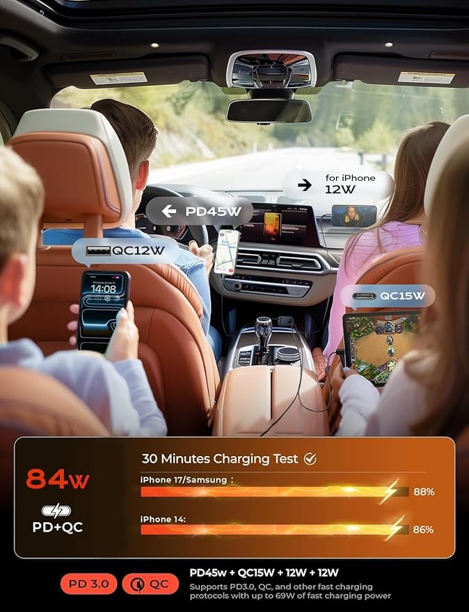 LISEN Retractable Car Charger, Gifts for Him Her, 84W Car Adapter USB C Fast Charger, Gifts for Mothers Day Travel Essentials Car Accessories for Men Women Gifts for iPhone 17 16 15 14 13 Samsung S26