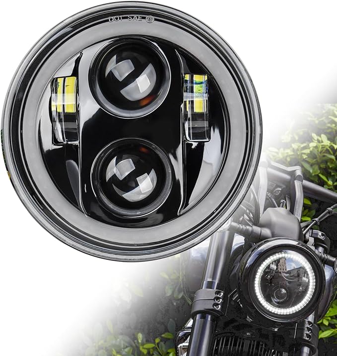 5.75inch Headlight 5-3/4 Black Motorcycle Smoked White Halo DRL Front Light for Indian Scout Dyna Wide Glide XL1200 XG750 883 48 Night Road