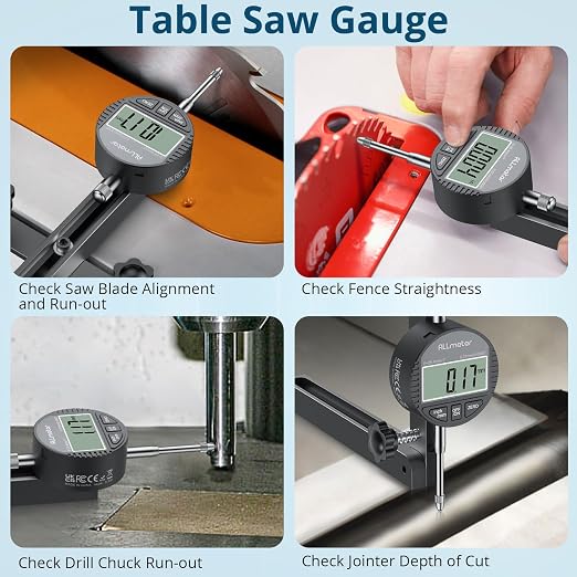 Digital Table Saw Gauge | Straight-Through Chute Design | 0.01mm Precision Dial Indicator | 3/4"(19mm) Aluminum Bar | for Blade/Fence/Arbor Alignment | Fits Saws with ≥3/4" Miter Slots