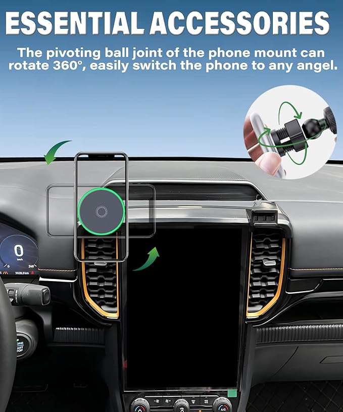 Car Phone Holder for Ford Ranger 2023 2024 2025 Accessories Apply to 12.1 Inch Touch Screen 15W Fast Wireless Charger Screen Fixed Clip Cell Phone Mount