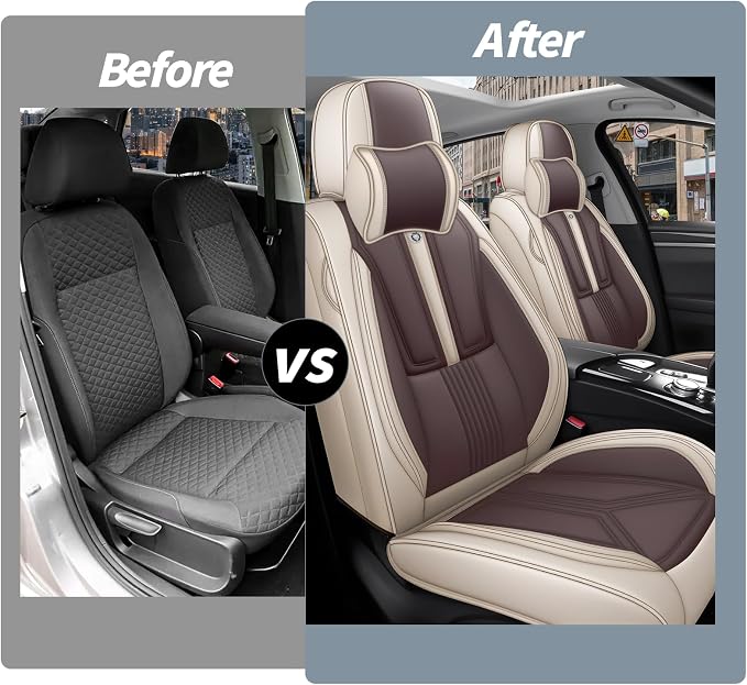 Arazi Fit for 98% of Mazda Seat Covers, 360° Full Wrap Original Seat Cover, Waterproof Nappa Leather Seat Covers with Big Space Storage Pocket Seat Protector（2 Seats Luxury, Beige&Brown）