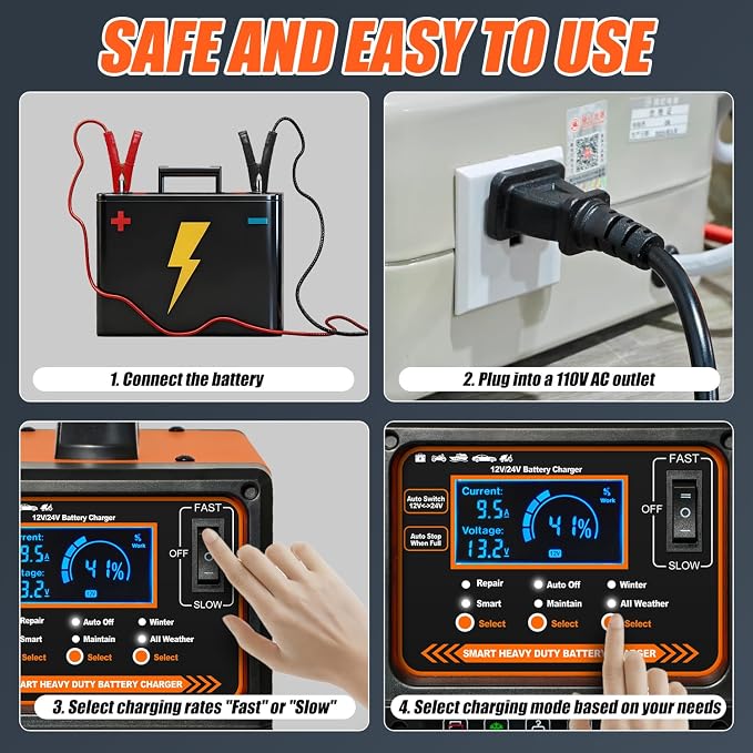 12V 24V Car Battery Charger Heavy Duty, Portable 0-15A Smart Battery Maintainer/Trickle Charger with Repair, Auto Shutoff, Winter/Summer Mode for Car Truck Boat RV Lawn Mower AGM Lead-Acid Deep Cycle