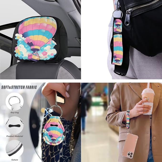 Rainbow 13 Pcs Car Seat Covers, Hot Air Balloon Universal Driver Seat Cover Protector Armrest Pad, Vacation Flying Balloons Steering Wheel Armrest Cover Seatbelt Cup Mats