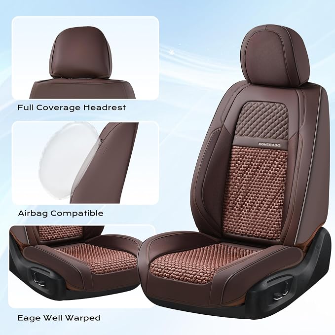 Coverado Car Seat Covers Full Set, 5 Seats Car Seat Protector, Leather Woven Universal Breathable Car Seat Cover Front Seats Back Seats, Car Seat Cushion Fit for Most Vehicles Brown