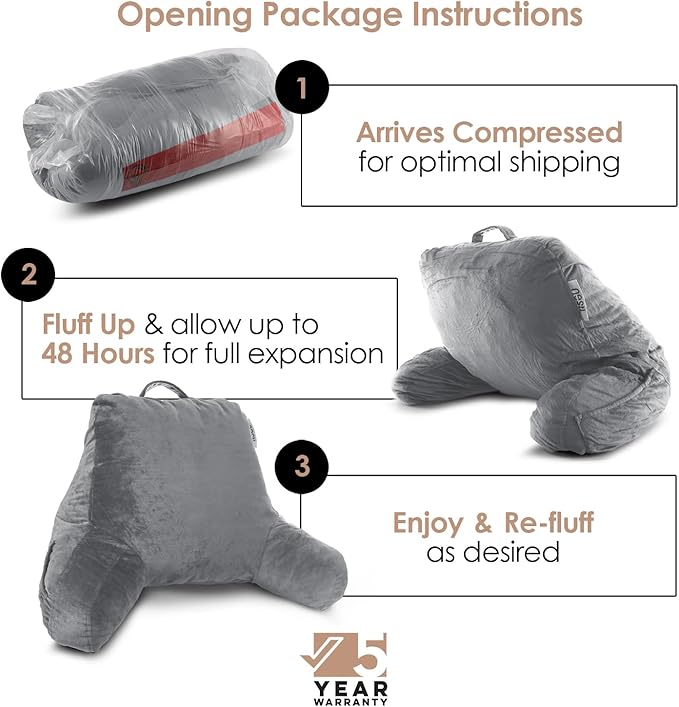 Nestl Reading Pillow with Shredded Memory Foam, Designed for Sitting Up in Bed and Couch, Back and Arms Adjustable Support for Adult & Teens Backrest Pillows for Reading, with Washable Cover Grey