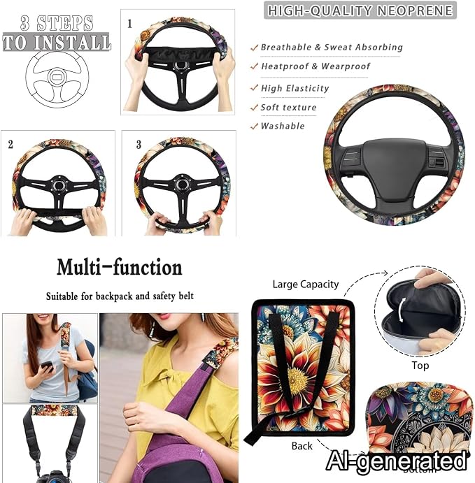 Dreaweet Mandala Lotus Car Seat Covers Full Set for Women Flower Car Accessories Interior with Steering Wheel Covers Seatbelt Covers Coaster Trash Can Air Vent Holder Rear View Mirror Cover Keychain