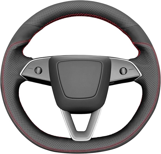 MEWANT Hand Stitch Black Suede Perforated Genuine Leather Steering Wheel Cover for 2024 Tesla Model 3 Highland