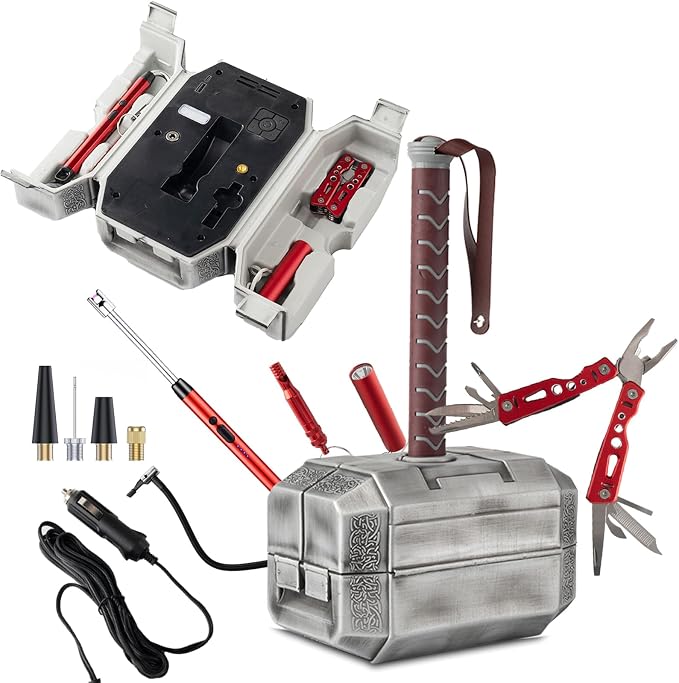 Electric Air Pump with Thor Hammer Toolbox-Camping Accessories,100 PSI Portable Air Compressor with 4000mAh Battery for Bikes and Cars Tire, Balls,air mattresses,Novelty Gift for Men