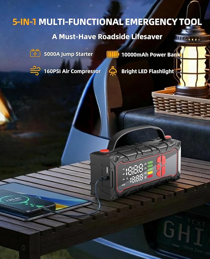 5000A Car Battery Jump Starter with Air Compressor 160PSI, Car Battery Charger 7.0L Gas/6.0L Diesel, Jumper Box for Car Battery with Tire Inflator & Power Bank& Jumper Cables