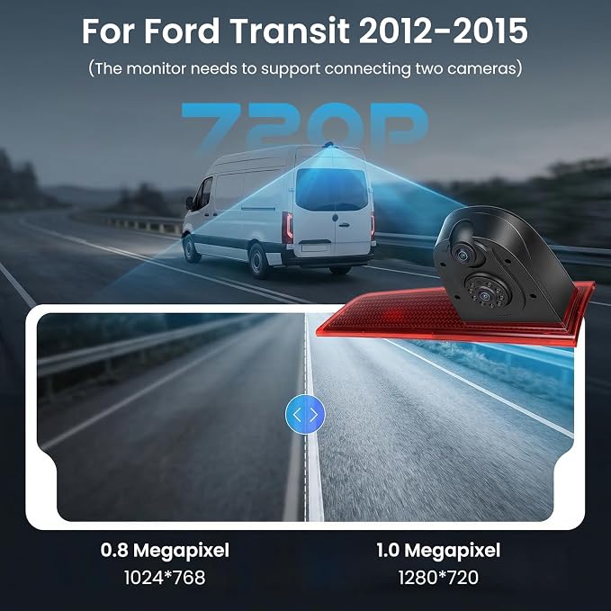 Dual Camera Third Brake Light Backup Camera for Ford Transit 2012-2015 with 10M Cable, CVBS NTSC/AHD PAL Switchable, 140° Wide Angle, IP67 Waterproof, Night Vision, Vehicle-Specific Reverse Camera