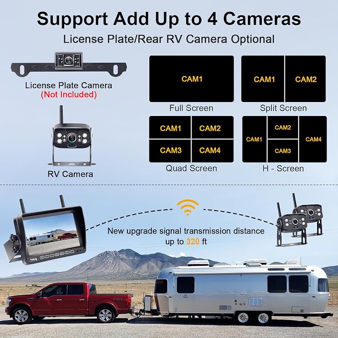 RV Backup Camera Wireless Recording 2 Cameras - Plug and Play Pre-Wired for Furrion System Night Vision 4 Channels HD 1080P 7'' Touch Key Monitor Rear View Camera for Trailer/Trucks/Camper Yakry Y28