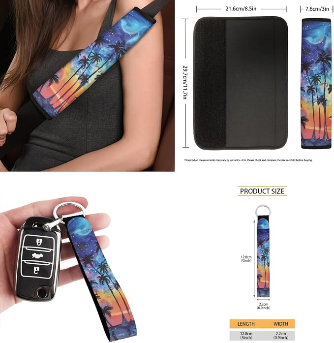 Tropical Palm Tree 15 Piece Car Seat Covers Full Set Car Steering Wheel Cover Auto Safe Belt Pads Cup Coasters Garbage Can Rear View Mirror Cover Keychains Wristlet Strap