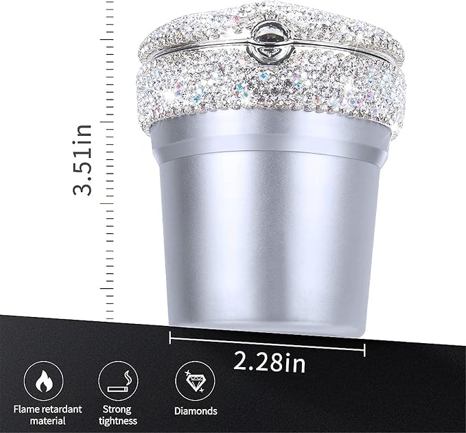 eing Car Ashtray Portable Bling Cigarette Smokeless Cylinder Cup Holder with Blue LED Light Indicator and 2 Replacement Batteries,Car Accessories for Women,Ideal for Car,Home and Office,1-Pack Silver