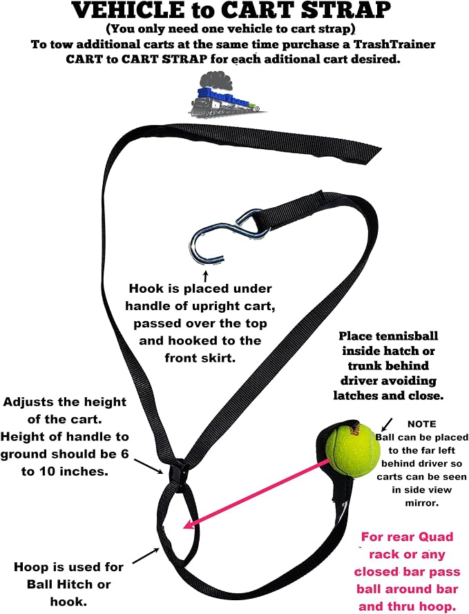 Trash Can Hauler Towing Strap System, No Hitch Vehicle to Cart Connector for Garbage & Recycling Cans, Universal Utility Hauler for Cars, ATVs, Lawn Mowers & Tractors
