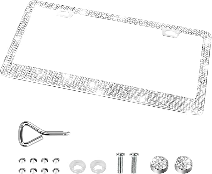 QUANQIUFEI Bling License Plate Frames for Women, Sparkly Rhinestone Diamond Car Accessories with Glitter Crystal Caps (1 Pack White)