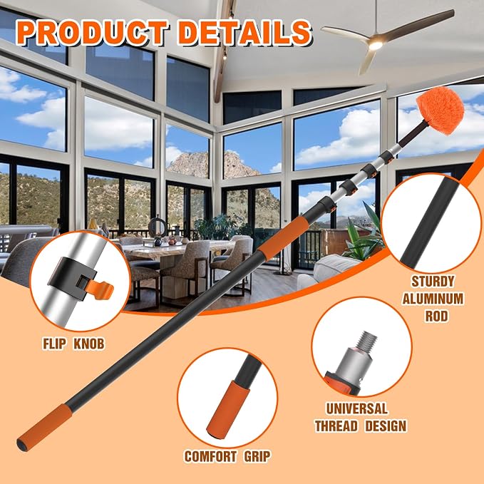 SISUPASSIE 20FT Reach Cobweb Duster with Extension Pole, High Ceiling Long Duster with 3-12FT Telescoping Pole, Spider Web Brush for Indoor Outdoor Use
