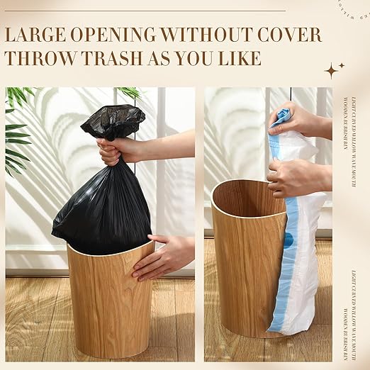 Threehoney 2 Pack 2.3 Gallons Wood Trash Can Wastebasket Natural Wood Round Wastebasket Small Trash Bin for Home, Office Under Desk, Kitchen, Bedroom, Den, Hotel, Room(Light Wood,Wavy)