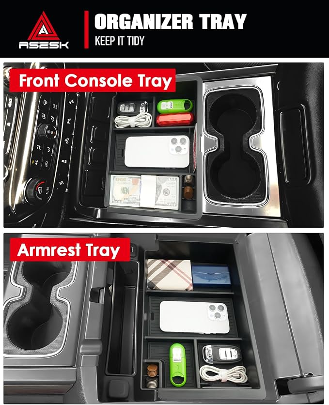 For 2014-2018 Silverado/Sierra 1500&2015-2019 Silverado&Sierra 2500HD/3500HD - Full Console w/Bucket Seats Only 2PCS Center Console Armrest Organizer Tray &Console Tray ABS Materials