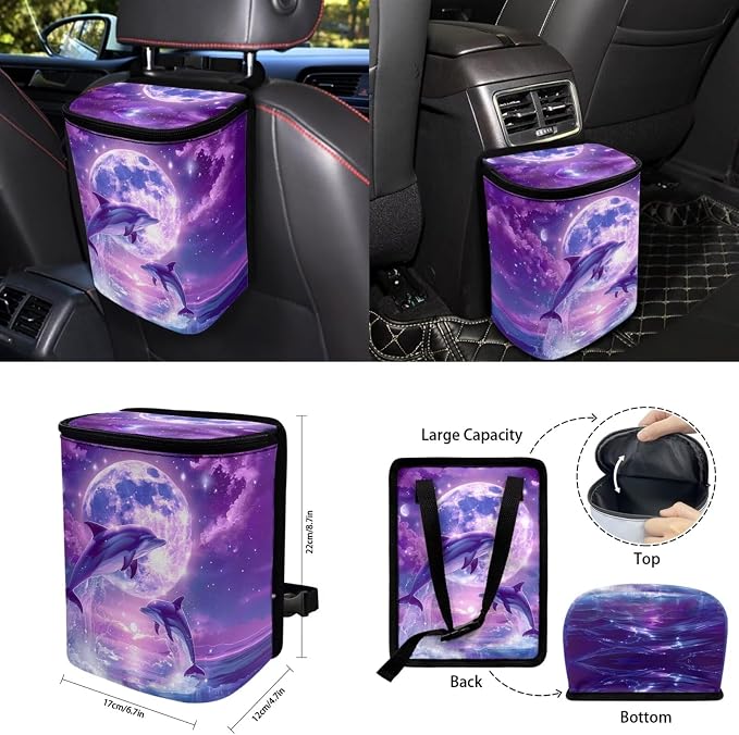 Moon Dolphin 15 PCS Car Seat Cover Full Set with Steering Wheel Cover Seat Belt Strap Pads Cup Coasters Trash Bag Rearview Mirror Cover Keychain Auto Interior Decor